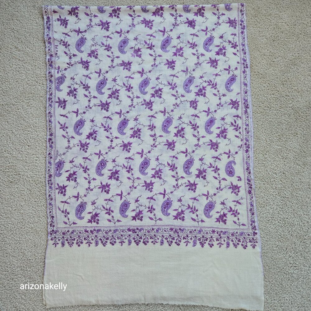 NWOT Cashmere Lightweight Scarf with Purple Embroidery - Picture 4 of 11